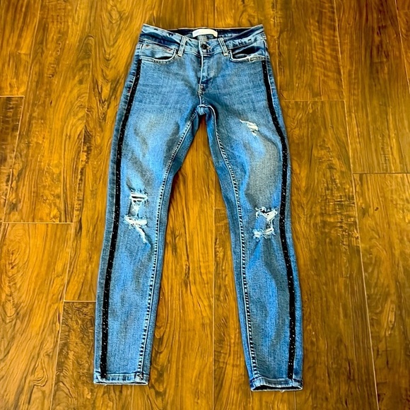 ZARA Z1975 Distressed Denim Jeans with Rhinestones Hem - Picture 1 of 12